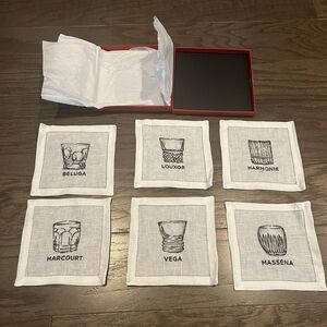 Baccarat Cocktail Napkins White & Gunmetal Embroidered Linen Set x 6 w/Box